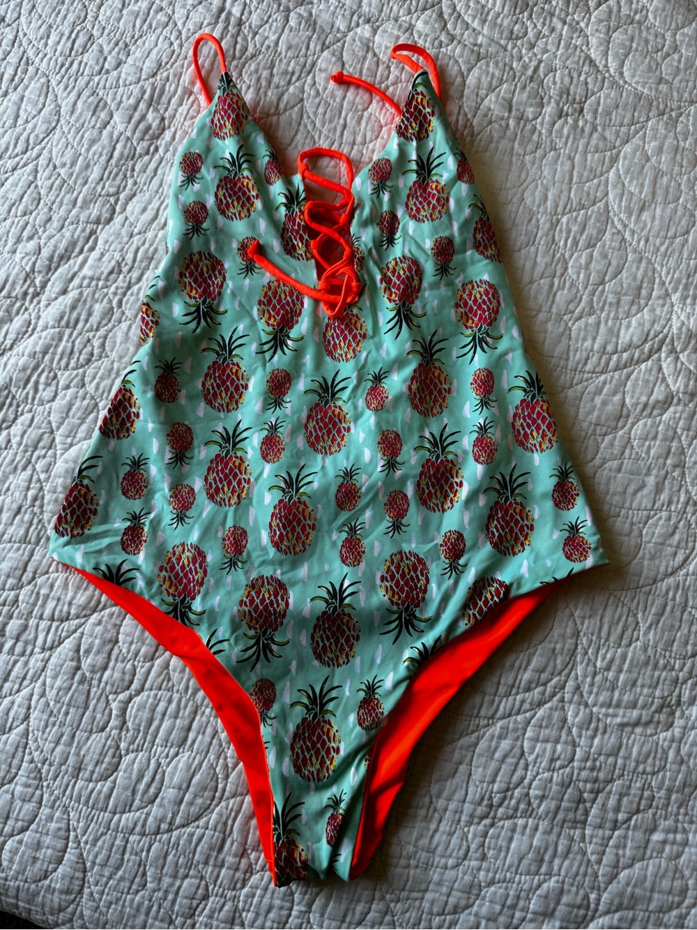 Pineapple Print One-Piece Swimsuit in Mint and Neon Orange (reversible)